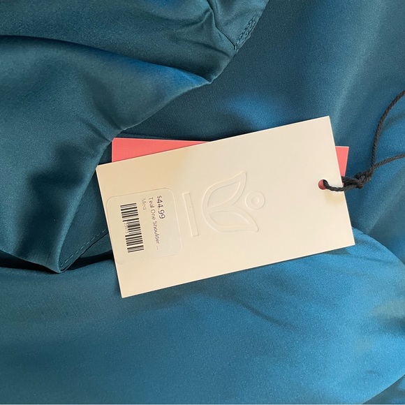 Teal one shoulder high low dress. The green dress is just for fit reference - Picture 2 of 5